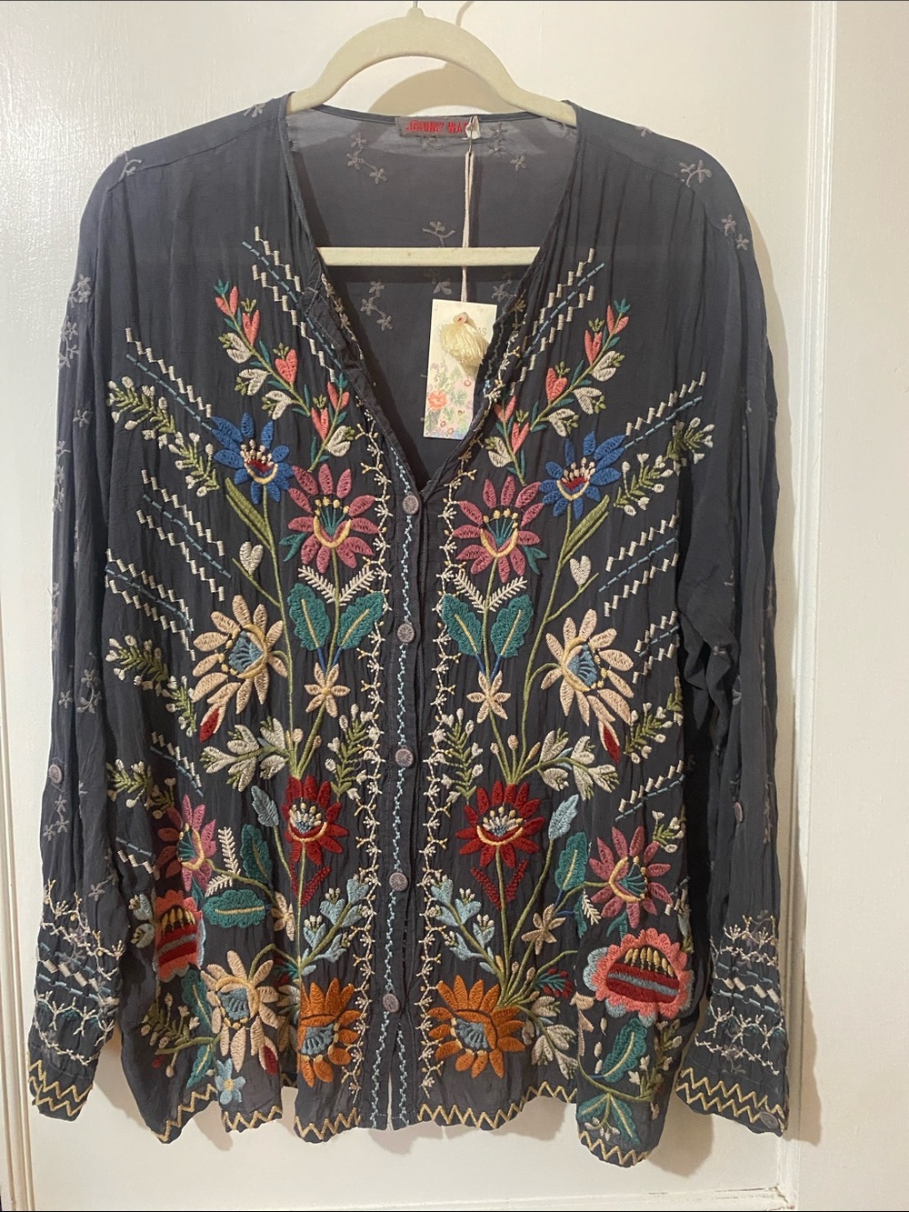 Johnny Was Multicolor Floral Embroidered Black Button-Down Blouse
